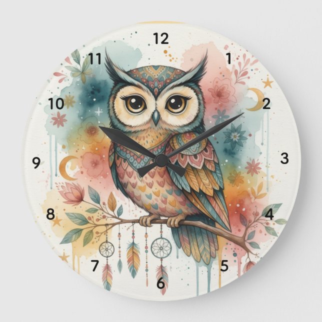 Relógio Grande Boho Owl Large Wall Clock  (Frente)