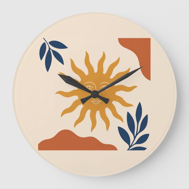 Relógio Grande Boho Sun Face Abstract Terracotta Wall Clock (Frente)