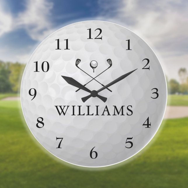 Relógio Grande Bola de Golf Personalizada de Nome Personalizado (Personalized Custom Name Golf Ball Large Clock)