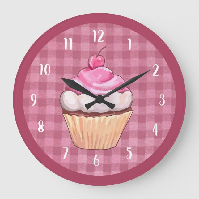 Relógio Grande Bolo De Aniversário Fofo Xadrez Rosa Padaria Sobre (Frente)