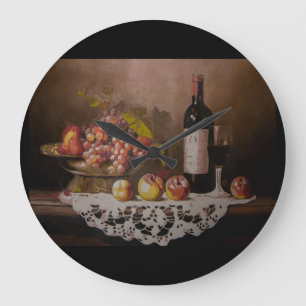 Relógio Grande Bolsa de Fruta e garrafa de vinho