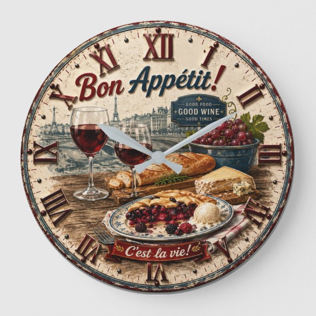 Relógio Grande Bon Appétit French Paris Wine & Cheese Rustic Café (Frente)