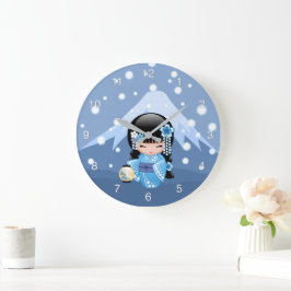 Relógio Grande Boneca de inverno Kokeshi - Garota Geisha Blue Mou