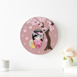 Relógio Grande Boneca Kokeshi de Primavera - Geisha Japonesa Fofa