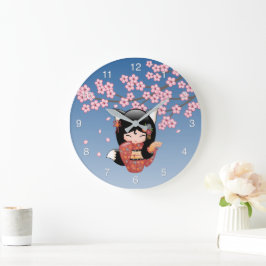 Relógio Grande Boneca Kokeshi Kitsune - Garota Geisha Raposa Pret