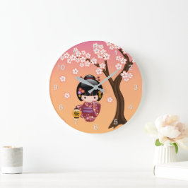 Relógio Grande Boneca Kokeshi Sakura - Garota Geisha no Pêssego