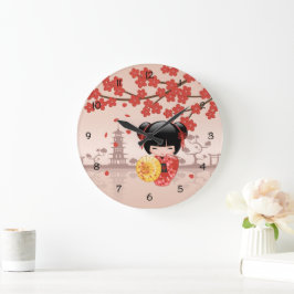 Relógio Grande Boneca Kokeshi Sakura Vermelha - Geisha Japonesa