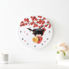 Relógio Grande Boneca Kokeshi Sakura Vermelha - Geisha Japonesa