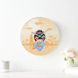 Relógio Grande Boneca Maiko Kokeshi Garota Geisha Fofa Amarela