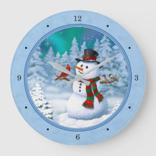 Relógio Grande Boneco de Neve Feliz Natal & Pássaros Cena de Inve