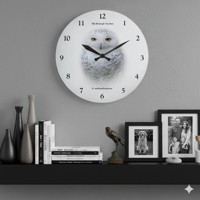 Relógio Grande Bonita, Dreamy e Serene Snowy Owl (Snowy Owl Round Acrylic Clock Cover Photo)