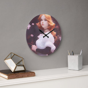 Relógio Grande Bonita Menina Entre Retrato De Flores Rosa