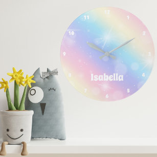 Relógio Grande Bonito Pastel Rainbow Sparkle Monograma Girly Kids
