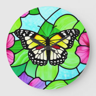 Relógio Grande Borboleta Colorida de Vidro Estreita