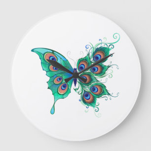 Relógio Grande Borboleta com Penas de Pavão Verde