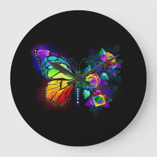 Relógio Grande Borboleta-flor-arco-íris
