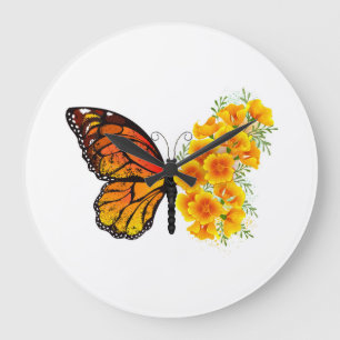 Relógio Grande Borboleta Flor com Papagaio Amarelo da Califórnia