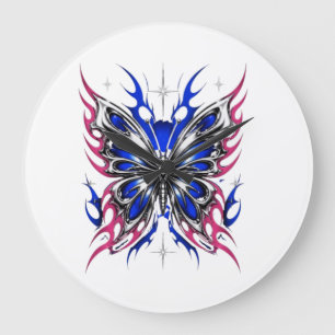 Relógio Grande Borboleta Metálica Azul Chamas Rosa – Gótico
