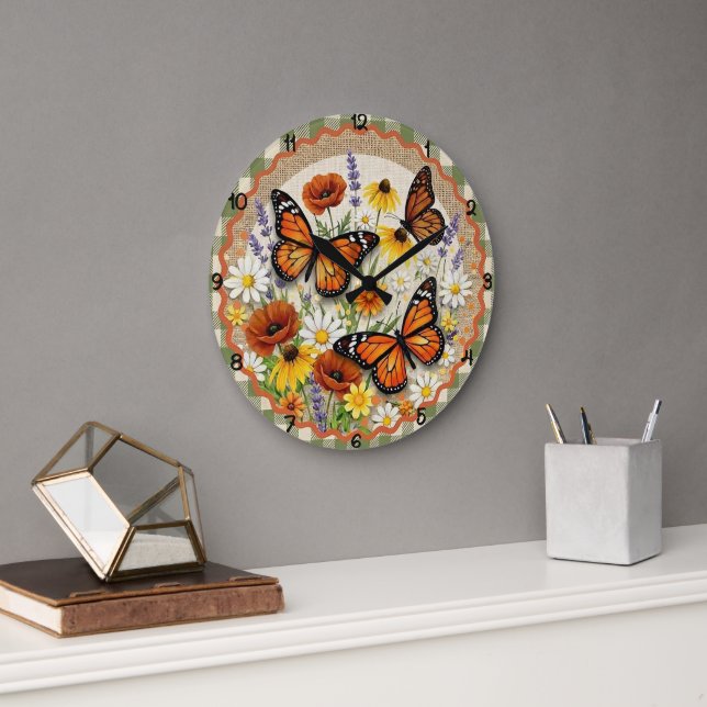 Relógio Grande Borboleta Monarca Flor de Estopa (Escritório)