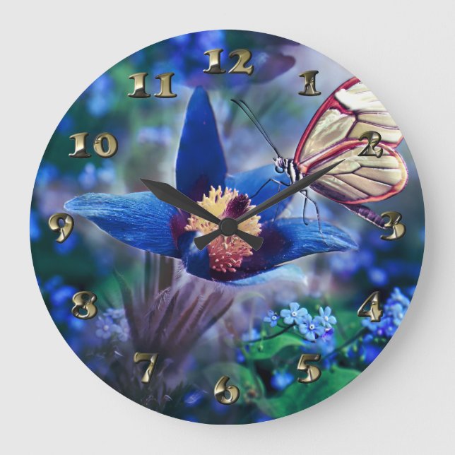 Relógio Grande Borboleta Primavera com Flor Azul (Frente)