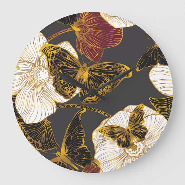 Relógio Grande Borboletas e flores: padrão de Primavera Boho (Frente)