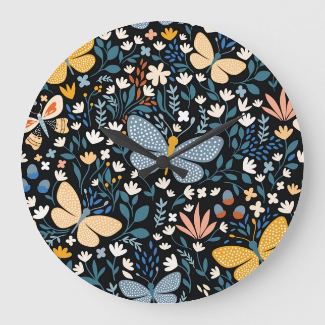 Relógio Grande Borboletas Florais: Mão Desenhada Sem Costura. (Frente)