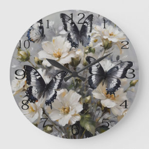 Relógio Grande Borboletas Pretas E Brancas Em Flores Brancas,