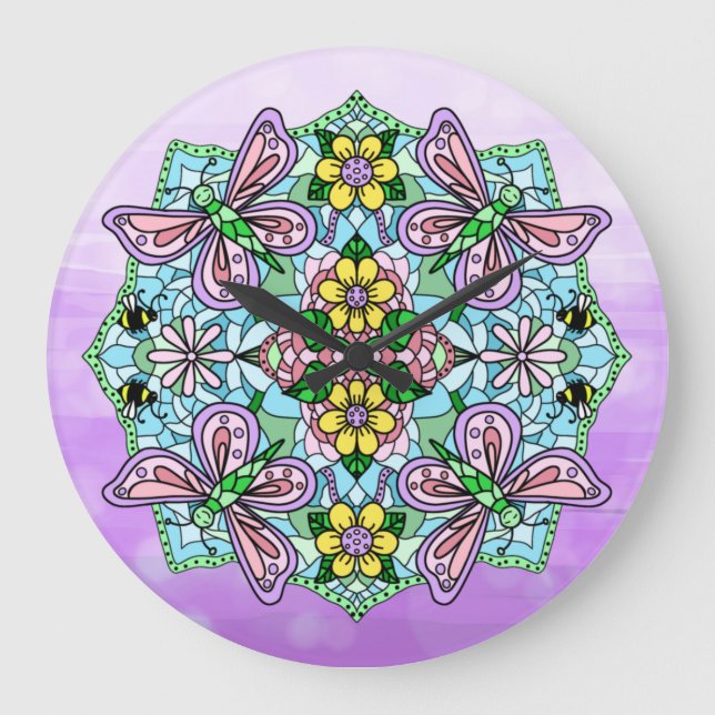 Relógio Grande Borboletas roxas, cor-de-rosa e flores Mandala (Frente)
