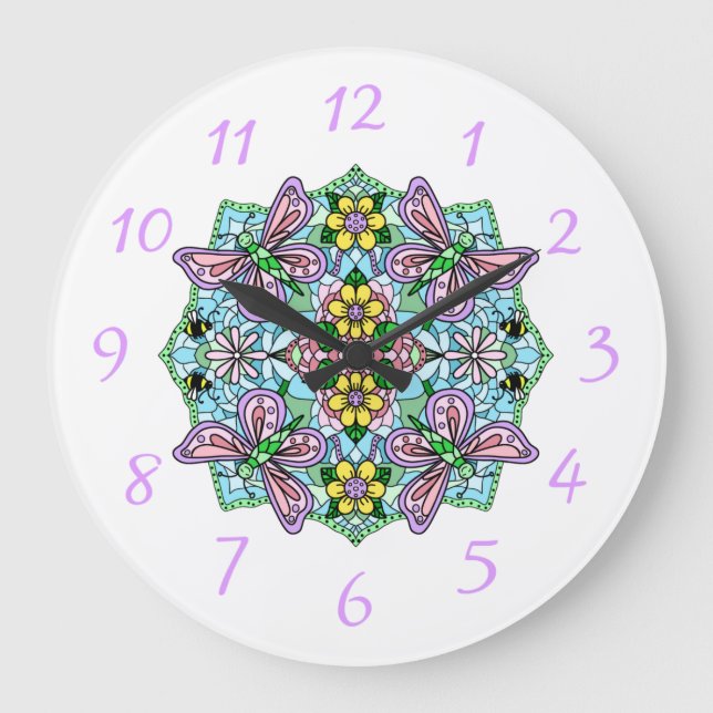 Relógio Grande Borboletas roxas, cor-de-rosa e flores Mandala (Frente)
