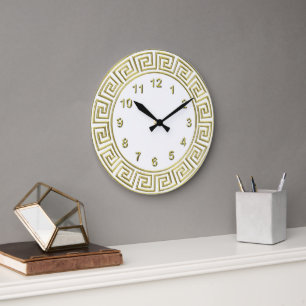 Relógio Grande Borda Chave Grega Branco Dourado Art Déco Marcador