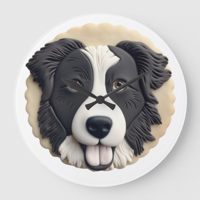 Relógio Grande Borda Collie Dog 3D Inscrito (Frente)