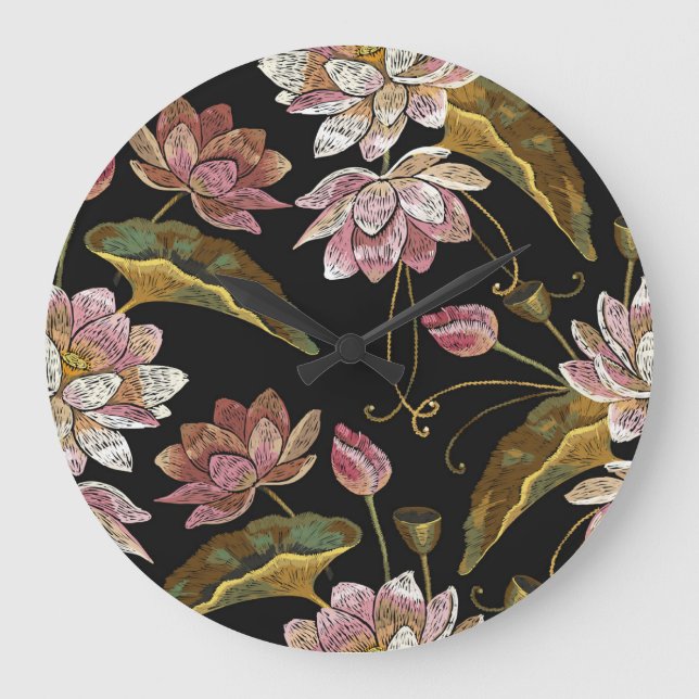 Relógio Grande Bordados Lotus Flores Sem Olhos Padrão (Frente)