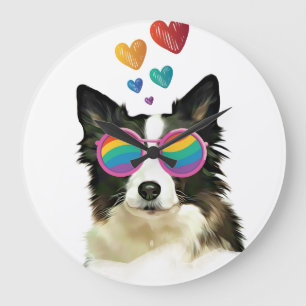 Relógio Grande Border Collie Cachorro com Corações Dia dos Namor