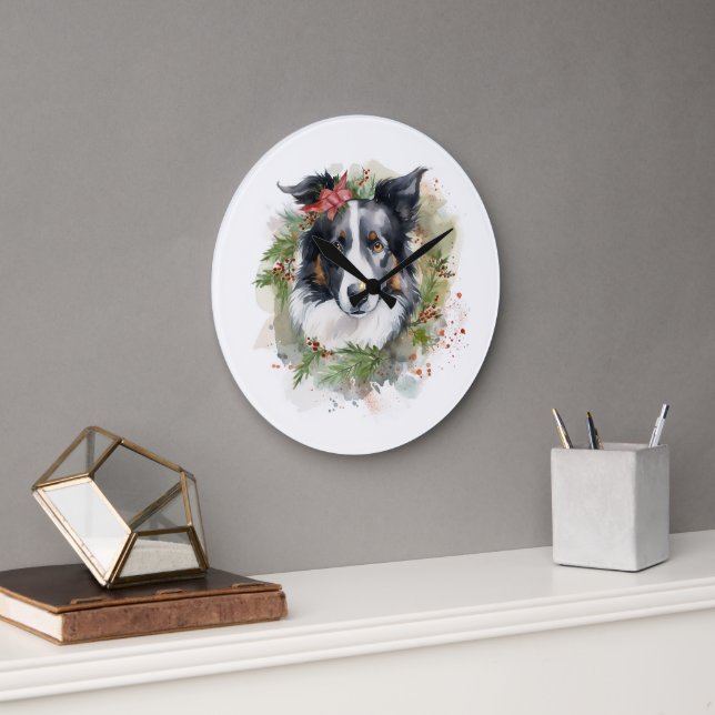 Relógio Grande Border Collie Christmas Wreath Festivo Pup (Escritório)