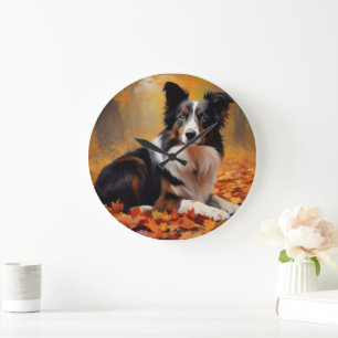 Relógio Grande Border Collie  nas Folhas de Outono Caindo Inspira