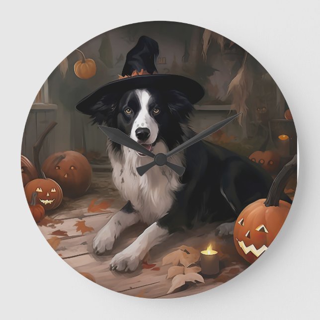 Relógio Grande Border Collie Pumpkins Halloween Assustado (Frente)