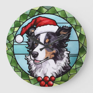 Relógio Grande Border Collie Vidro Colorido Natal