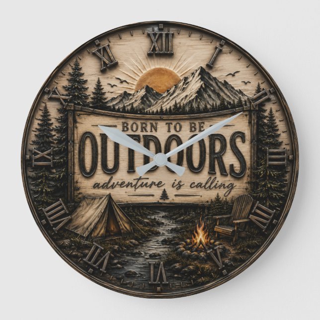 Relógio Grande Born to Be Outdoors Rustic  Camping Mountain  (Frente)