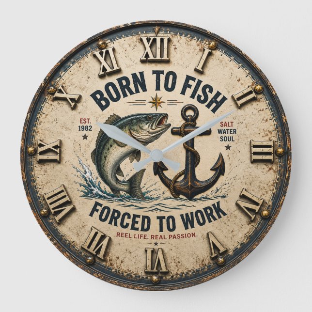 Relógio Grande Born to Fish Forced to Work Rustic Fisherman Gift (Frente)