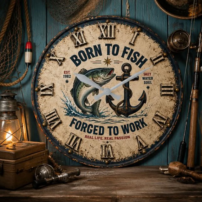 Relógio Grande Born to Fish Forced to Work Rustic Fisherman Gift (Criador carregado)