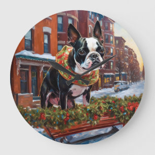 Relógio Grande Boston Terrier Christmas Fesason
