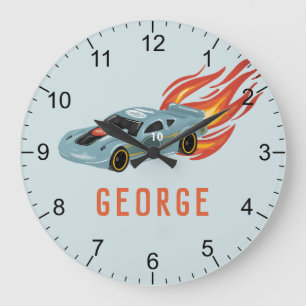 Relógio Grande Boys Blue Hot Flames & Racing Car Kids Room