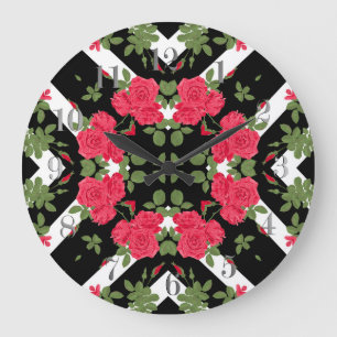 Relógio Grande Branco preto kaleidoscopic floral das flores das