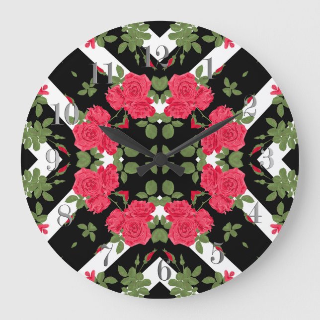 Relógio Grande Branco preto kaleidoscopic floral das flores das (Frente)