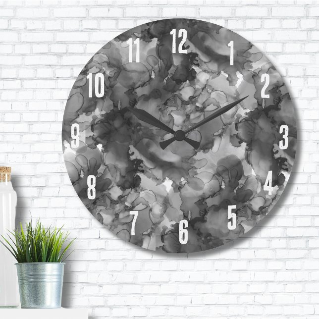 Relógio Grande Branco preto simples e elegante (Cute Modern Minimal Elegant Gray Black Watercolor Large Clock)