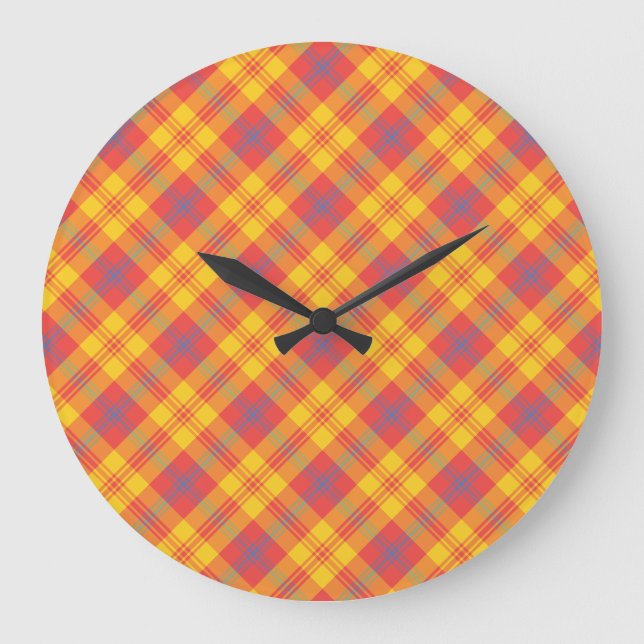 Relógio Grande Bright Red Yellow Blue Xadrez Round Wall Clock (Frente)