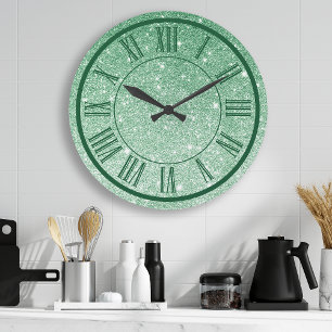 Relógio Grande Brilho Verde Esmeralda Numeral Romano Glamour Femi