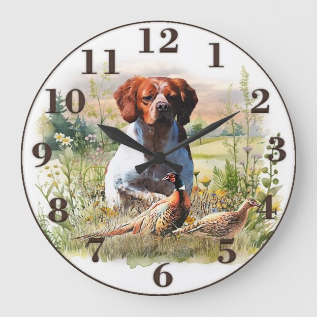 Relógio Grande Brittany Spaniel – Campo, Foco, Faisão, Arte (Frente)
