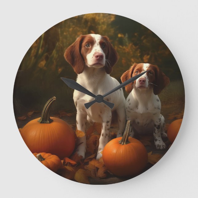 Relógio Grande Brittany Spaniel Puppy Autumn Delight Pumpkin (Frente)