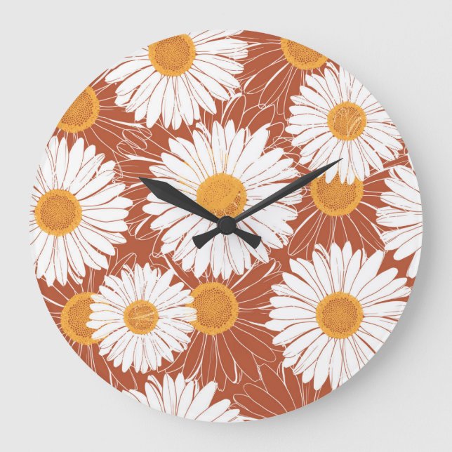 Relógio Grande Brown Daisies: Padrão de Flor Sem Perno de Olhos (Frente)
